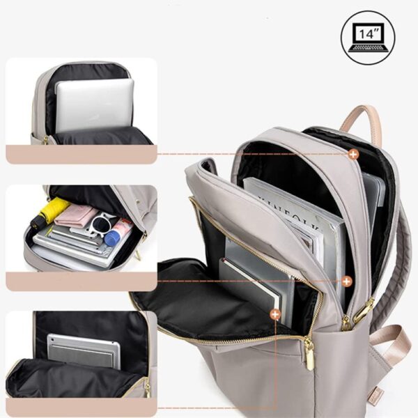 Mochila Feminina de Nylon Impermeável, Compartimento para Notebook de 14 polegadas, Ideal para Comutar, ir à Escola e Uso Casual