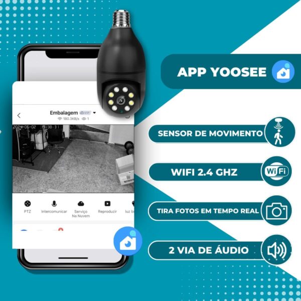 Câmera de Segurança Preta, Bocal, Lâmpada, IP WiFi 360º, Visão Noturna, Sensor Movimento, Com Áudio, Areas Externas e Internas, Camera para Celular