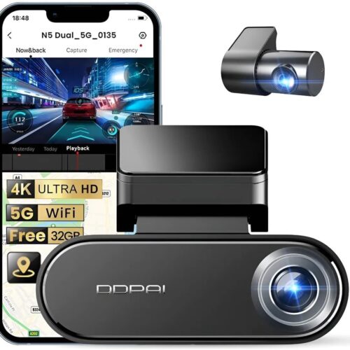 61CuP9trHvL._AC_SL1200_.jpg DDPAI N5 Dual Câmera Veicular Frontal e Traseira, 4K +1080P Dash Cam Integrada com 32G eMMC, Câmera de Carro WiFi 5G GPS, G-Sensor, Visão Noturna, Monitor de Estacionamento 24 Horas(Sem Cartão SD)