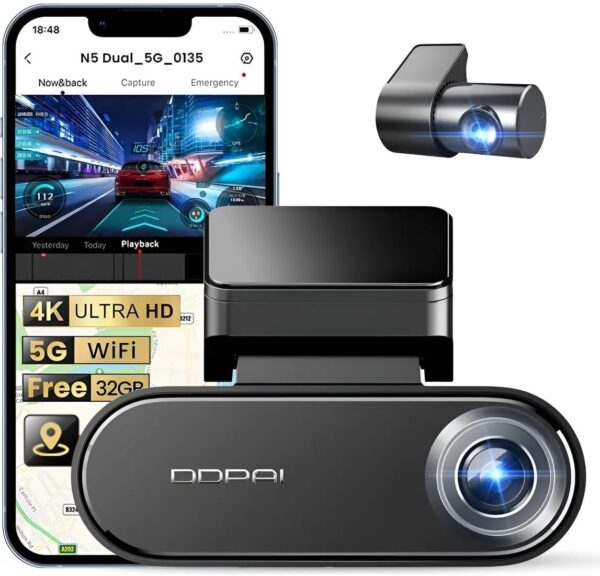 61CuP9trHvL._AC_SL1200_.jpg DDPAI N5 Dual Câmera Veicular Frontal e Traseira, 4K +1080P Dash Cam Integrada com 32G eMMC, Câmera de Carro WiFi 5G GPS, G-Sensor, Visão Noturna, Monitor de Estacionamento 24 Horas(Sem Cartão SD)