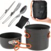 Kit Panelas Alumínio Táticas Compactas Camping trekking Pesca 2 Pçs + Talheres 3 Pçs