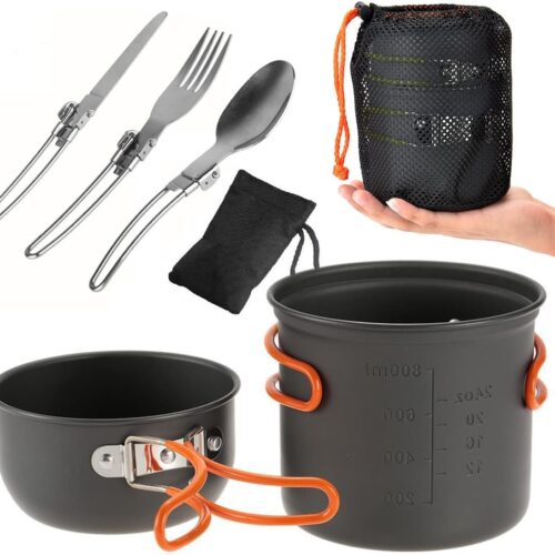 Kit Panelas Alumínio Táticas Compactas Camping trekking Pesca 2 Pçs + Talheres 3 Pçs