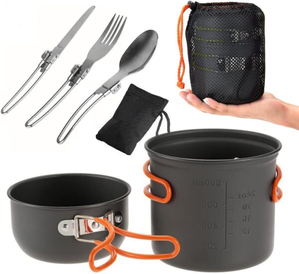 Kit Panelas Alumínio Táticas Compactas Camping trekking Pesca 2 Pçs + Talheres 3 Pçs