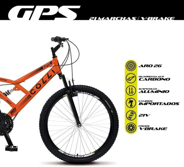 61HQLsfb2qS._AC_SL1000_.jpg Colli Bike, Bicicleta GPS 148 Dupla Suspensão e Freios V-Brake, Aro 26 Aero, 36 Raias, 21 Marchas