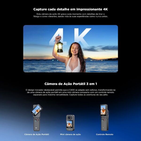 SJ~CAM C400 Pocket Camera de Ação,4K Camera Filmadora,7 Horas de Autonomia, Estabilização, Tela Sensível ao Toque de 2,29 Polegadas, à Prova D'água até 30 Metros