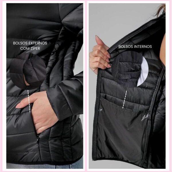 Jaqueta Puffer Bobojaco Feminina Casaco Corta Vento Acolchoada Impermeável Bolsos Capuz Removível