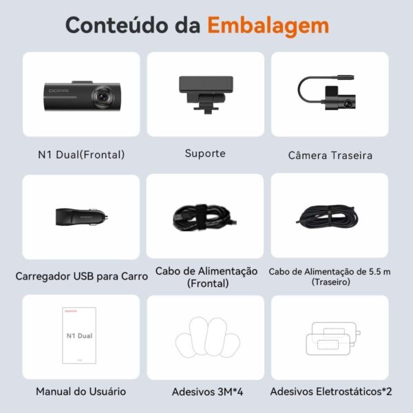 61LJny00JL._AC_SL1200_.jpg DDPAI N1 Dual Câmera Veicular Frontal Traseira 1296P+1080P, Dachcam com WiFi, Câmera para Carro com Aplicativo, Supercapacitor, Visão Noturna, Gravação em Loops, Estacionamento 24H (Sem Cartão SD)