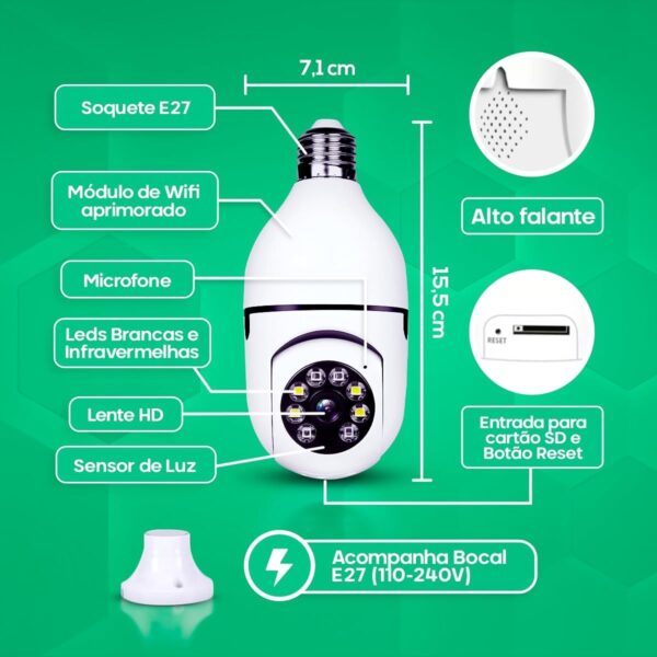 Câmera Segurança Lâmpada Ip Wifi 360° Full HD Inteligente