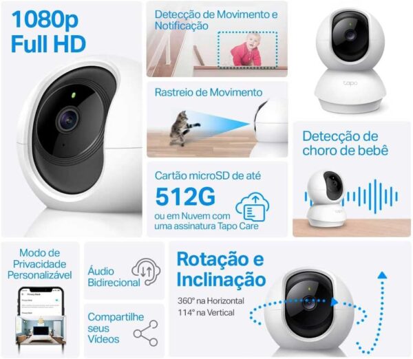TP-Link Tapo C200, Camera de Segurança Wi-Fi 360º, 1080p Full HD, Visão Noturna, Audio de duas vias, Detecção de Movimentos, Trabalha com Alexa, 512G de Armazenamento Local, Armazenamento na Nuvem
