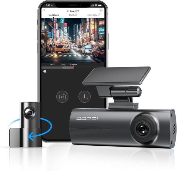 61Pf0eqyTcL._AC_SL1500_.jpg DDPAI N1 Câmera Veicular Dupla 1296P + 1080P com Wi-Fi, Câmera para Carro com Visão Noturna, Sensor G, Gravação em Loop e Modo Estacionamento 24h, Supercapacitor (Cartão SD Não Incluído)