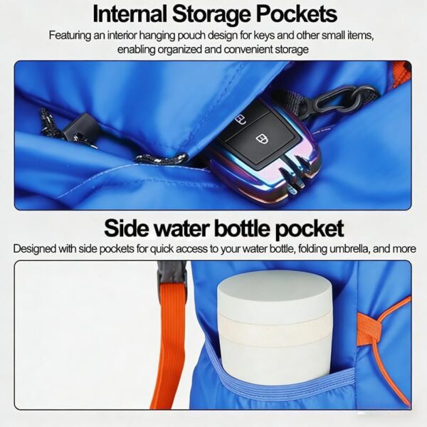 Mochila de caminhada dobrável com bolso frontal impermeável com zíper, mochila leve de hidratação, mochila de água para caminhadas diurnas, passeios, ciclismo rave para homens e mulheres, azul