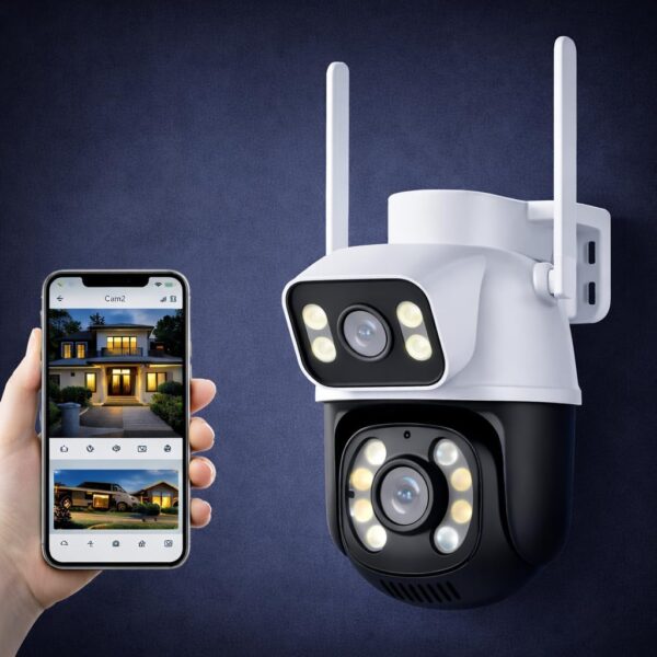 Câmera de Segurança WiFi Externa HD 3MP, IP Sem Fio com Visão Noturna Infravermelha, Dupla Lente Grande Angular, À Prova D'Água IP66, Detecção de Movimento e Áudio Bidirecional