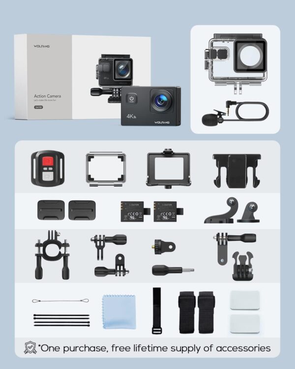 WOLFANG Câmera de Ação GA100 4K 20 MP à Prova de Água 40 M Câmera Subaquática Estabilização EIS WiFi 170° Grande Angular Câmera de Capacete com Microfone Externo, 2 Baterias e Kit de Acessórios