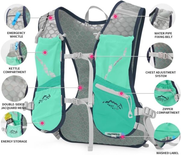 Colete de hidratação para corrida para homens e mulheres Mochila de água para corrida 3L Pacote de hidratação para corrida de trilha Maratona Caminhada (Verde-1,5L+250ML)