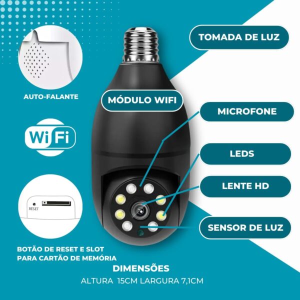 Câmera de Segurança Preta, Bocal, Lâmpada, IP WiFi 360º, Visão Noturna, Sensor Movimento, Com Áudio, Areas Externas e Internas, Camera para Celular