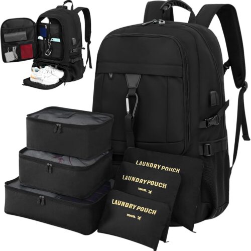 61Sk9Fd2AaL._AC_SL1500_.jpg Mochila viagem de expansão de 50 litros, com 6 sacos de armazenamento, Anti-roubo, com porta USB e porta de fone de ouvido, mochila notebook, Adequado para homens e mulheres (preto)