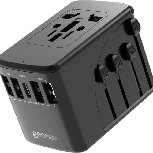 61W0k1ShekL._AC_SL1500_.jpg Geonav Carregador Universal com Adaptadores de Viagem, 4 Portas USB + 1 USB-C (Preto)
