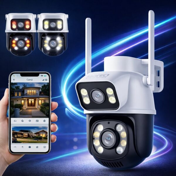 Câmera de Segurança WiFi Externa HD 3MP, IP Sem Fio com Visão Noturna Infravermelha, Dupla Lente Grande Angular, À Prova D'Água IP66, Detecção de Movimento e Áudio Bidirecional