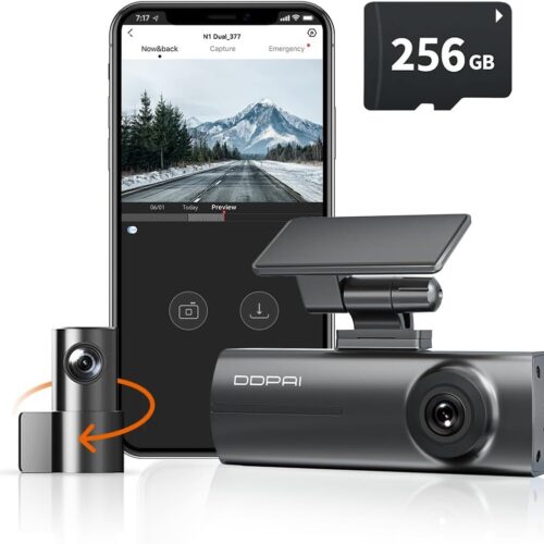 61Wgl9FtNoL._AC_SL1200_.jpg DDPAI N1 Dual Câmera Veicular Frontal Traseira 1296P+1080P, Dachcam com WiFi, Câmera para Carro com Visão Noturna, Aplicativo, Supercapacitor, Gravação em Loops, Estacionamento 24H (N1+256G Cartão SD)