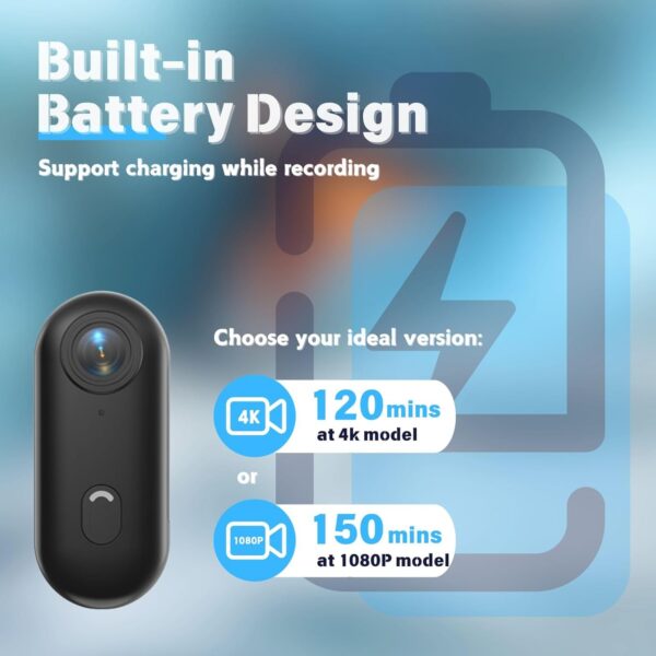 Câmera corporal 128G 4K, câmera tamanho polegar, câmera vestível com clipe giratório de 360° e clipe magnético, 120 minutos para gravação, levar para palestras, viagens, caminhadas com