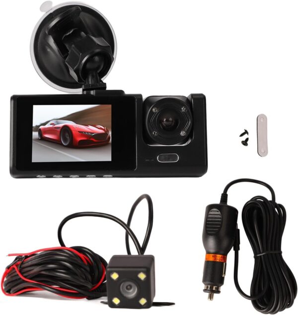 Câmera veicular frontal e traseira interna, câmera de painel de três canais FHD 1080p para carros, sensor WDR, G, gravação em loop, monitor de estacionamento, gravação 24 horas