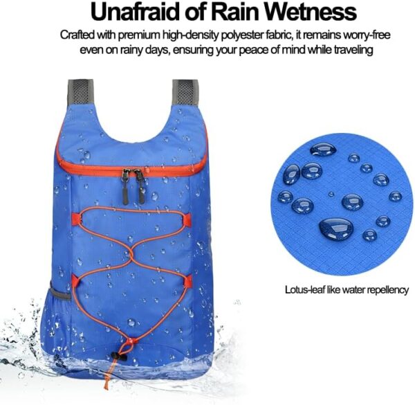 Mochila de caminhada dobrável com bolso frontal impermeável com zíper, mochila leve de hidratação, mochila de água para caminhadas diurnas, passeios, ciclismo rave para homens e mulheres, azul
