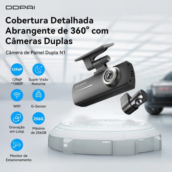 61f11SD9Q9L._AC_SL1200_.jpg DDPAI N1 Câmera Veicular Dupla 1296P + 1080P com Wi-Fi, Câmera para Carro com Visão Noturna, Sensor G, Gravação em Loop e Modo Estacionamento 24h, Supercapacitor (Cartão SD Não Incluído)