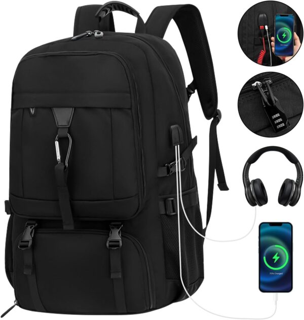 Mochila viagem de expansão de 50 litros, com 6 sacos de armazenamento, Anti-roubo, com porta USB e porta de fone de ouvido, mochila notebook, Adequado para homens e mulheres (preto)