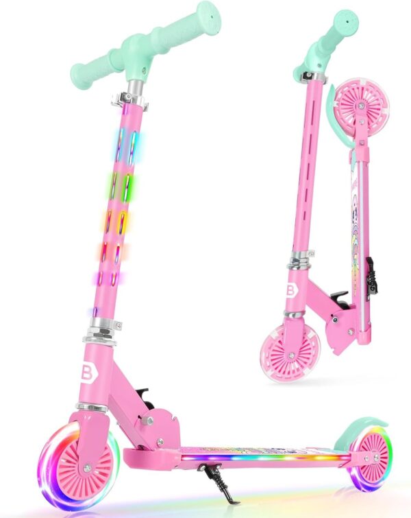 61mCFOtRK4L._AC_SL1500_.jpg BELEEV Scooter V3 para crianças com rodas iluminadas, haste e deck, scooter dobrável de 2 rodas para meninas e meninos, 4 alturas ajustáveis, scooter leve com suporte prático para crianças de 3 a 12
