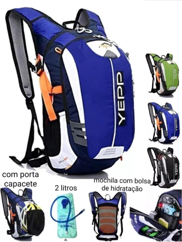 Mochila Yepp com Bolsa de Hidratação, 18 Litros, Porta Capacete, Azul e Laranja