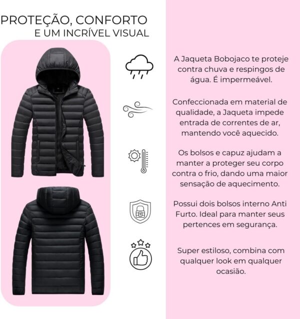 Jaqueta Puffer Bobojaco Feminina Casaco Corta Vento Acolchoada Impermeável Bolsos Capuz Removível
