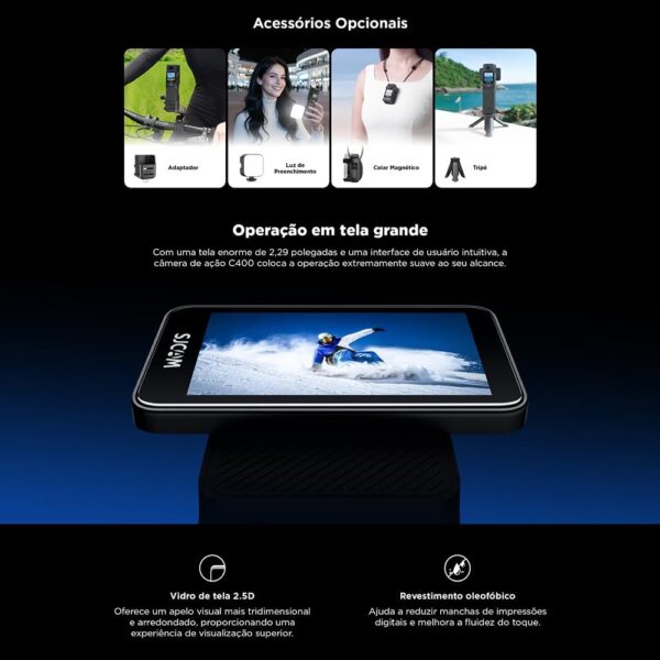 SJ~CAM C400 Pocket Camera de Ação,4K Camera Filmadora,7 Horas de Autonomia, Estabilização, Tela Sensível ao Toque de 2,29 Polegadas, à Prova D'água até 30 Metros