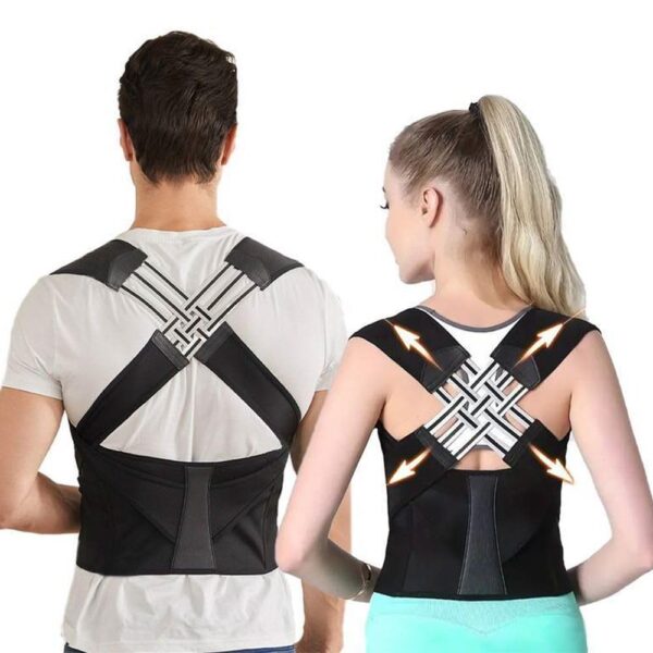 61qRxjXqdtL._SL1000_.jpg Colete Corretor Postural Ajustável para Coluna e Lombar, Suporte Ortopédico Unissex em Preto, Tamanho M