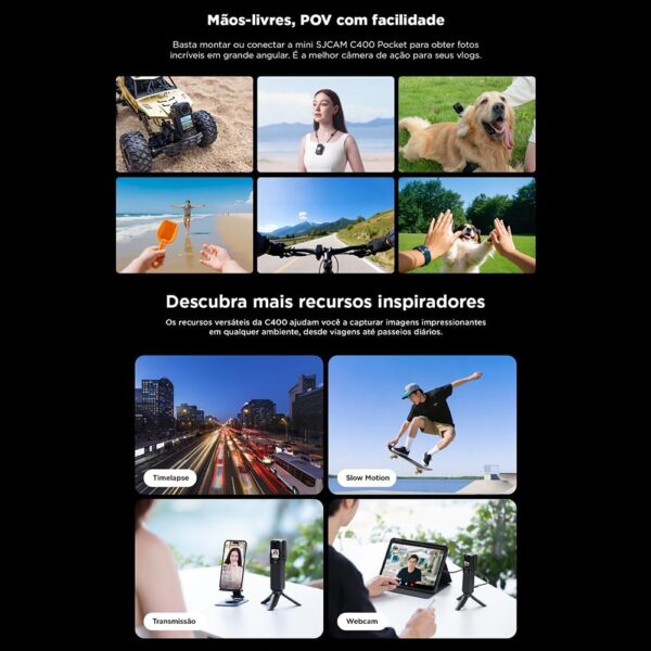 SJ~CAM C400 Pocket Camera de Ação,4K Camera Filmadora,7 Horas de Autonomia, Estabilização, Tela Sensível ao Toque de 2,29 Polegadas, à Prova D'água até 30 Metros