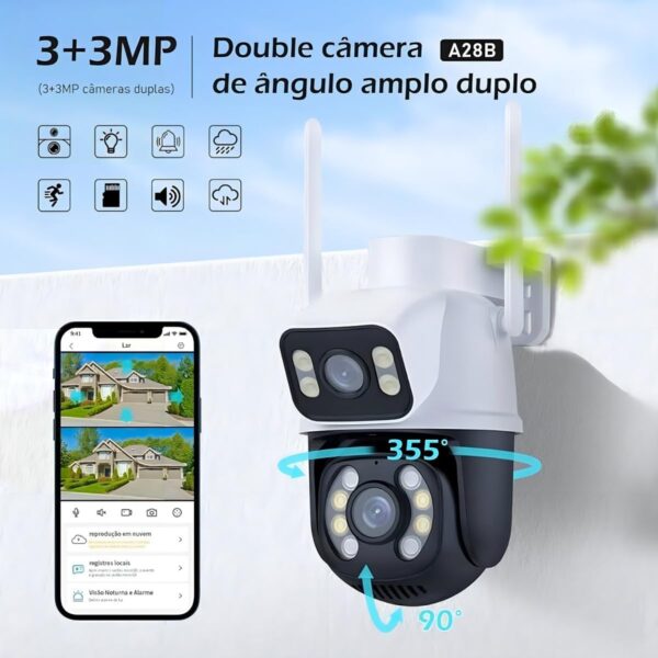 Câmera de Segurança WiFi Externa HD 3MP, IP Sem Fio com Visão Noturna Infravermelha, Dupla Lente Grande Angular, À Prova D'Água IP66, Detecção de Movimento e Áudio Bidirecional