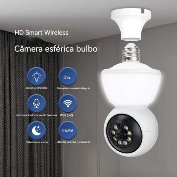 Câmera Lâmpada WiFi 360° HD 6MP com Visão Noturna e Detecção de Movimento – Espie Pelo Celular!
