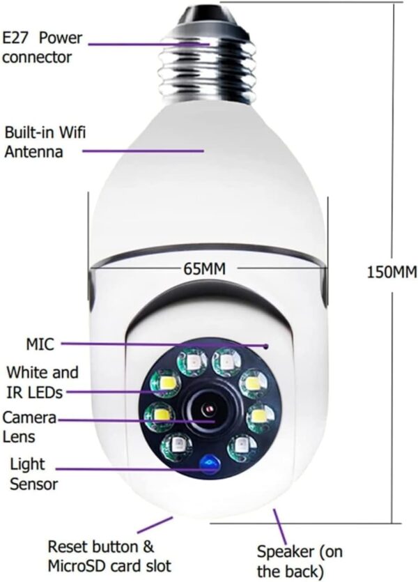 KIT 2 Câmeras de Segurança 2022 Espiã WiFi, 1080P Base E27 com Visão Noturna Infravermelha intercomunicador bidirecional, Câmera Vigilância com Função de Rastreamento Automático - BELLA NET