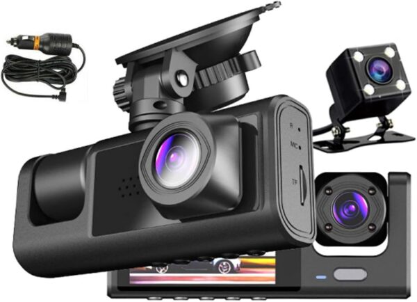 Câmera veicular frontal e traseira interna, câmera de painel de três canais FHD 1080p para carros, sensor WDR, G, gravação em loop, monitor de estacionamento, gravação 24 horas