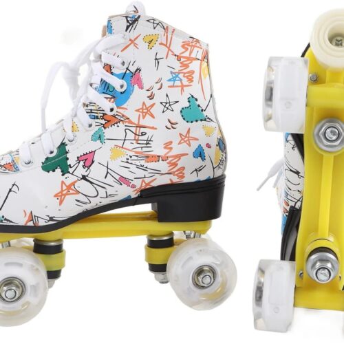 Patins de Rolo Brancos Graffiti Patins Com Rodas Brilhantes Sapatos de Respirável Patins de Fileira Dupla para Crianças e Adultos