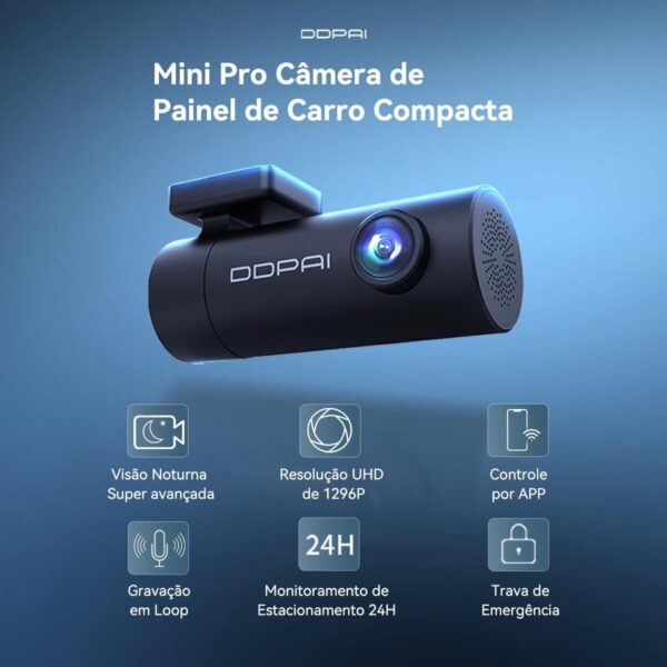 DDPAI Mini Pro Dash Cam, Câmera Veicular 1296P com Wi-Fi, Ângulo de 140° e Visão Noturna, Gravação de Emergência com Sensor G, Lente Rotativa 330°, Supercapacitor e Monitoramento 24h(Sem Cartão SD)
