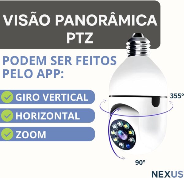 Câmera de Segurança Lâmpada WiFi IP Full HD 1080p com Rotação 360°, Visão Noturna, Detecção de Movimento, Áudio Bidirecional, Conexão 2.4G, Bocal E27, Bivolt
