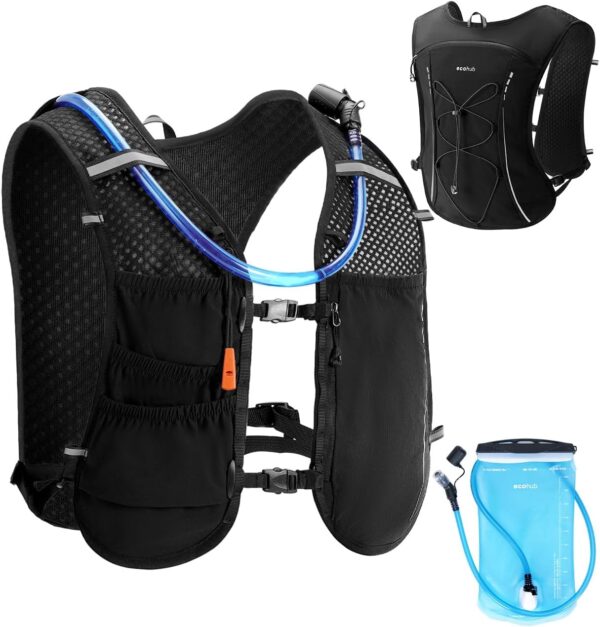 ECOHUB Mochila De Hidratação Para Corrida, Leve E Respirável, Com Bolsa Água 2 Litros, Caminhadas, Trilhas, Ciclismo, Maratona Mulheres Homens (Preto)