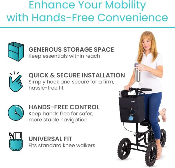 Vive Cesta de scooter de joelho com suporte de copo - acessórios de scooter para adultos, idosos - armazenamento conveniente para itens pessoais, mantimentos, suprimentos médicos - 2 bolsos frontais,