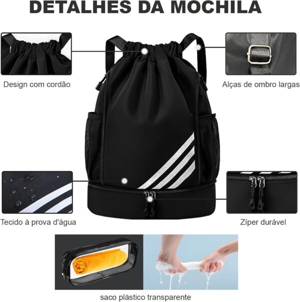 7179wcUnUhL._AC_SL1500_.jpg Mochila Esportiva com Cordão, Separação seca e húmida, Mochila de grande capacidade para viagens de lazer, Bolsos Laterais em Malha, Preto com Listras