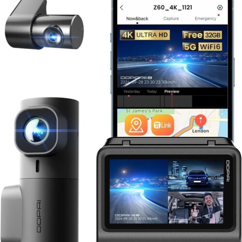718QZkko6zL._AC_SL1356_.jpg DDPAI Z60 Câmera Veicular 3 Canais, 4K+ 2K+ 1080P, WiFi 5GHz com GPS, 32G eMMC D²Save,Tela IPS de 3", Visão Noturna Super AI-ISP, WDR, ADAS, Modo de Estacionamento AOV de 20 Dias (Sem Cartão SD)
