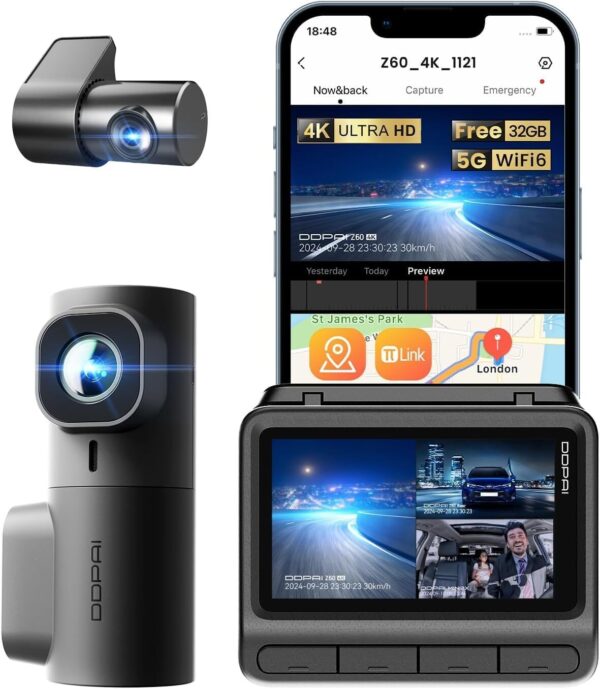 718QZkko6zL._AC_SL1356_.jpg DDPAI Z60 Câmera Veicular 3 Canais, 4K+ 2K+ 1080P, WiFi 5GHz com GPS, 32G eMMC D²Save,Tela IPS de 3", Visão Noturna Super AI-ISP, WDR, ADAS, Modo de Estacionamento AOV de 20 Dias (Sem Cartão SD)