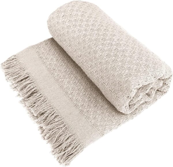Decolab Manta para Sofá em Algodão com Franjas Artesanais | Cobertor Decorativo para Sofa, Poltrona e Cama | Estilo Boho Chic (Branca-Cru)