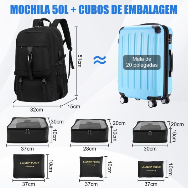 Mochila viagem de expansão de 50 litros, com 6 sacos de armazenamento, Anti-roubo, com porta USB e porta de fone de ouvido, mochila notebook, Adequado para homens e mulheres (preto)