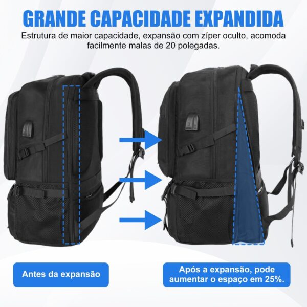 Mochila viagem de expansão de 50 litros, com 6 sacos de armazenamento, Anti-roubo, com porta USB e porta de fone de ouvido, mochila notebook, Adequado para homens e mulheres (preto)