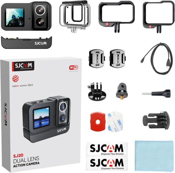 SJCAM Câmera de Ação SJ20 4K, Lente Dupla F2.0/F1.3, FOV 154°, Pouca Luz, Bateria 1850 mAh, Estabilização, Impermeável, Zoom 8X, Kits de Capacete, Suporte a Microfone Externo e Controle Remoto